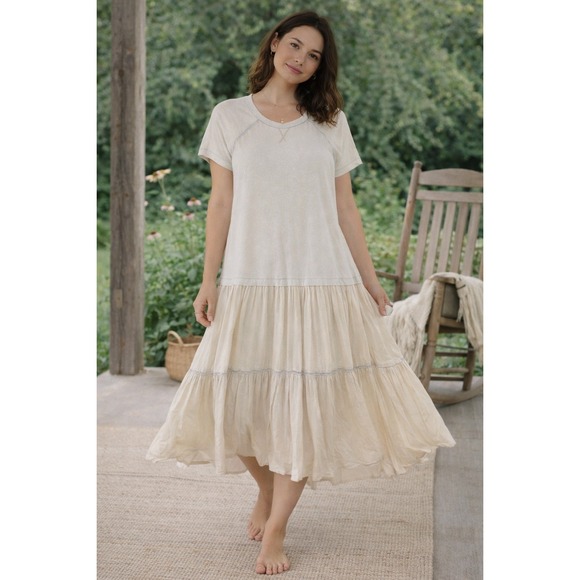 Free People Dresses & Skirts - Free People Tiered Midi Dress Cream Beige Raglan Sleeve Boho Size M